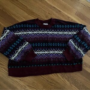 AE American Eagle Outfitters Purple and Teal Cropped Fair Isle Crewneck Sweater